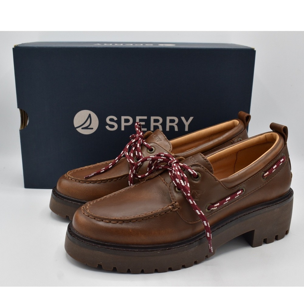 Sperry 2 Eye Women Size 7.5 Brown Leather Lug Slip On Boat Shoes Coquette Preppy